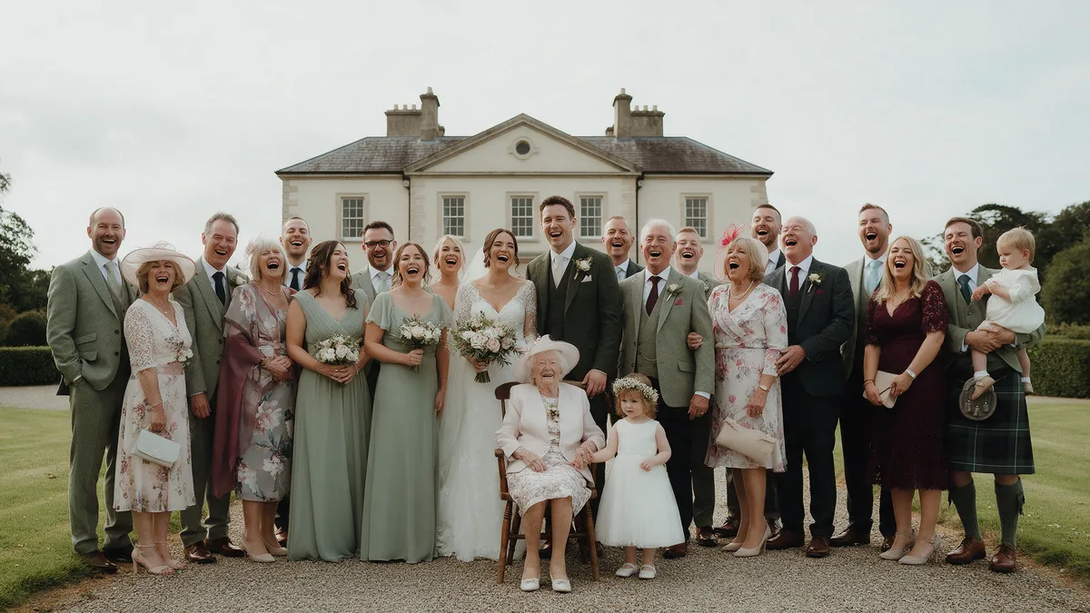 A wedding couple with their extended family on the steps of a country house